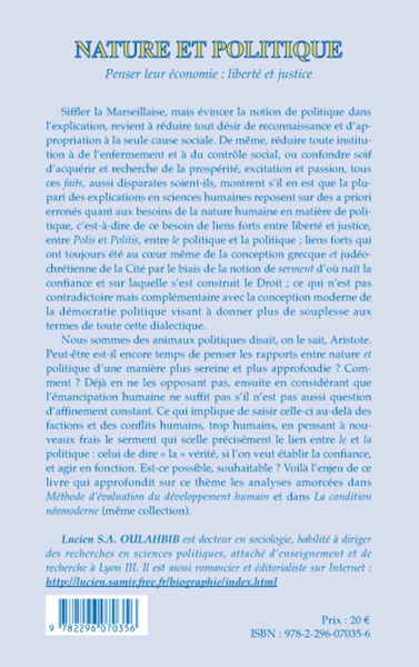 Nature et politique, Penser leur économie : liberté et justice (9782296070356-back-cover)