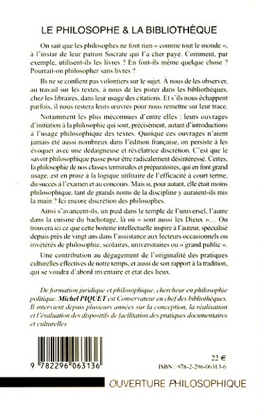 Le philosophe et la bibliothèque, Etude des moeurs scolaires, administratives voire intellectuelles (9782296063136-back-cover)