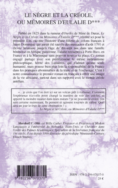 Le Nègre et la créole, Ou Mémoires d'Eulalie D*** (9782296070370-back-cover)
