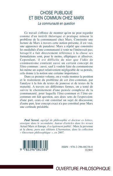 Chose publique et bien commun chez Marx, La communauté en question - Tome 1 (9782296082380-back-cover)