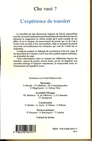 Che Vuoi ?, L'expérience du transfert (9782296035577-back-cover)