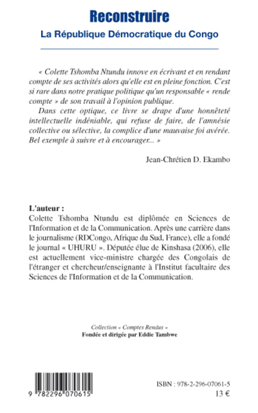 Reconstruire la République démocratique du Congo, Avec les Congolais de l'Etranger - Axes stratégiques et principaux défis (9782296070615-back-cover)