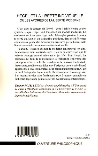 Hegel et la liberté individuelle, Ou les apories de la liberté moderne (9782296079274-back-cover)