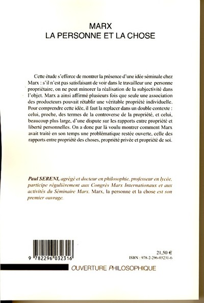 Marx : la personne et la chose (9782296032316-back-cover)