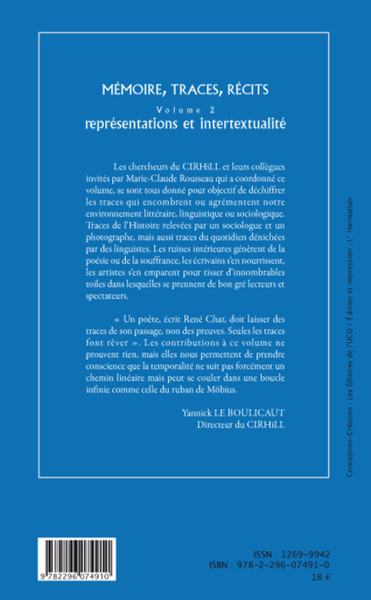 CIRHILLa, Mémoire, traces, récits, Volume 2 - Représentations et intertextualité (9782296074910-back-cover)