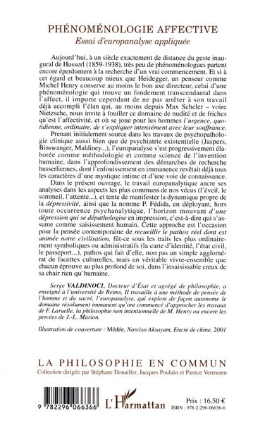 Phénoménologie affective, Essai d'europanalyse appliquée (9782296066366-back-cover)