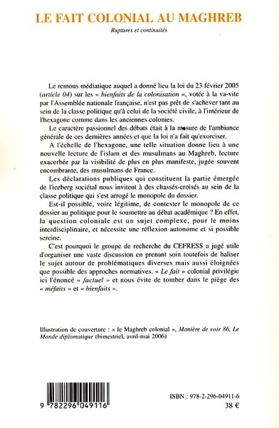 Le fait colonial au Maghreb, Ruptures et continuités (9782296049116-back-cover)