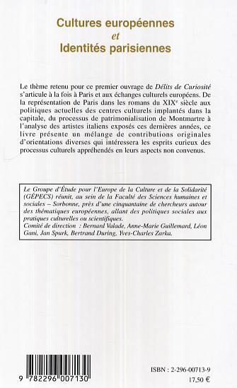 Cultures européennes et Identités parisiennes (9782296007130-back-cover)