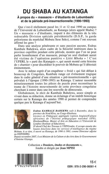 Du Shaba au Katanga, A propos du "massacre" d'étudiants de Lubumbashi et de la période pré-insurrectionnelle (1990-1993) (9782296060814-back-cover)