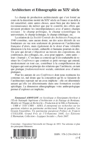 Architecture et Ethnographie au XIXe siècle, Lectures des Conférences de la Société Centrale des Architectes Français (9782296054318-back-cover)