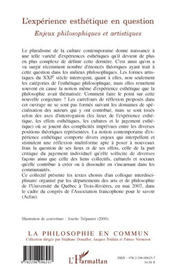 L'expérience esthétique en question, Enjeux philosophiques et artistiques (9782296096257-back-cover)