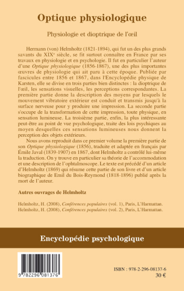 Optique physiologique, Physiologie et dioptrique de l'il - (Tome 1) (9782296081376-back-cover)