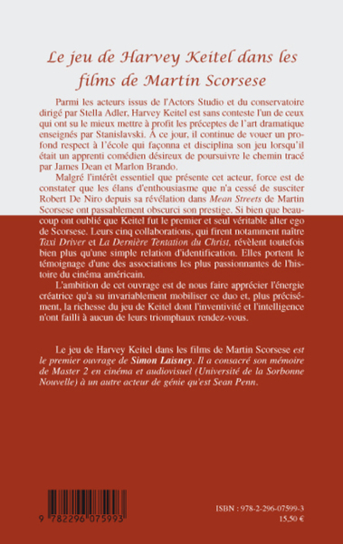 Le jeu de Harvey Keitel dans les films de Martin Scorsese (9782296075993-back-cover)