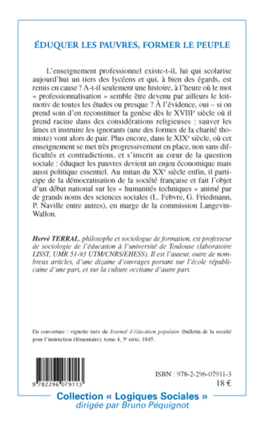 Eduquer les pauvres, former le peuple, Généalogie de l'enseignement professionnel français (9782296079113-back-cover)