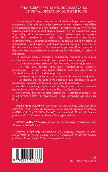 Stratégies identitaires de conservation et de valorisation du patrimoine (9782296043008-back-cover)