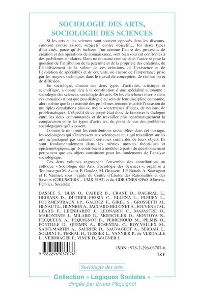 Sociologie des arts, sociologie des sciences, Tome I (9782296037076-back-cover)