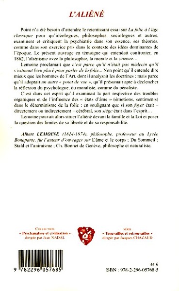 L'aliéné, Devant la philosophie, la morale et la société (9782296057685-back-cover)