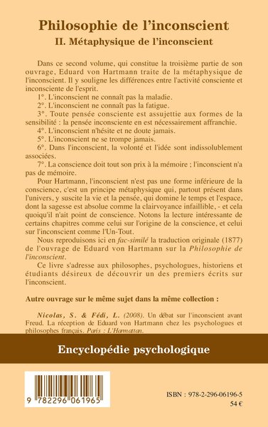 Philosophie de l'inconscient, II. Métaphysique de l'inconscient (9782296061965-back-cover)