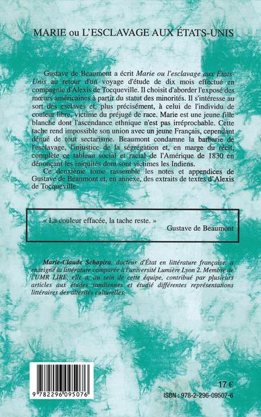 Marie ou l'esclavage aux Etats-Unis Tome II, Notes, Appendice, Annexes (9782296095076-back-cover)