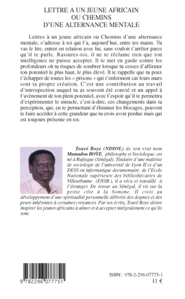 Lettre à un jeune africain ou chemins d'une alternance mentale (9782296077751-back-cover)