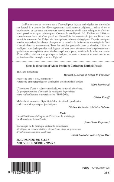 Sociologie de l'Art, Les mondes du jazz aujourd'hui, OpuS 8 (9782296007758-back-cover)