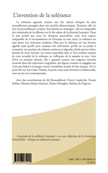 L'invention de la tolérance, Averroès, Maïmonide, Las Casas, Voltaire, Lincoln (9782296064249-back-cover)
