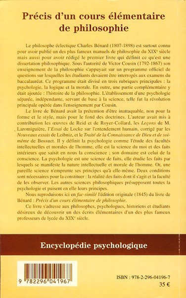 Précis d'un cours élémentaire de philosophie (9782296041967-back-cover)