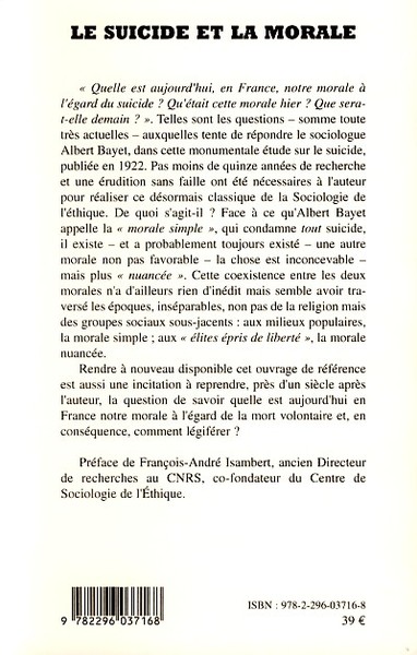 Le suicide et la morale, Volume II (9782296037168-back-cover)