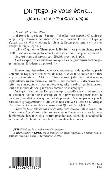 Du Togo, je vous écris, Journal d'une française déçue (9782296054646-back-cover)