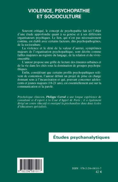 Violence, psychopathie et socioculture (9782296081017-back-cover)