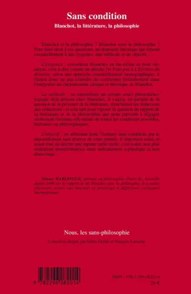 Sans condition, Blanchot, la littérature, la philosophie (9782296082014-back-cover)