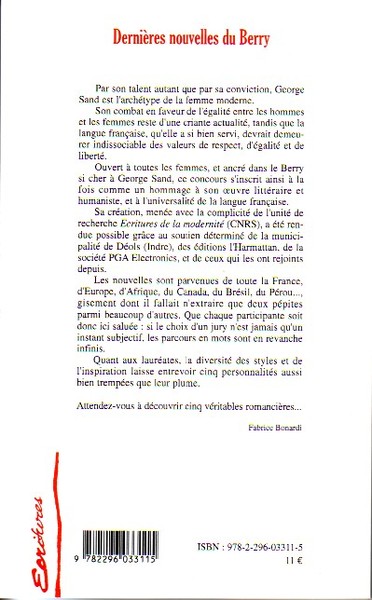 Dernières nouvelles du Berry, Concours littéraire francophone de la nouvelle George Sand - Première et deuxième éditions (9782296033115-back-cover)