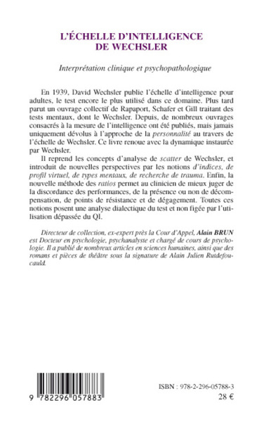L'échelle d'intelligence de Wechsler, Interprétation clinique et psychopathologique (9782296057883-back-cover)
