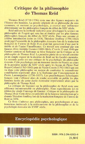 Critique de la philosophie de Thomas Reid, Avec une introduction sur la philosophie de Reid par Théodore Jouffroy (9782296028210-back-cover)