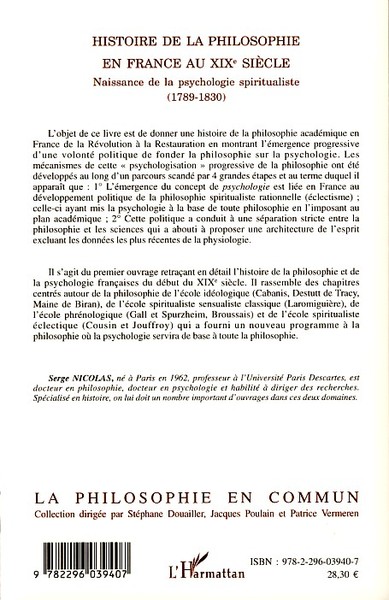 Histoire de la philosophie en France au XIXe siècle, Naissance de la psychologie spiritualiste (1789-1830) (9782296039407-back-cover)