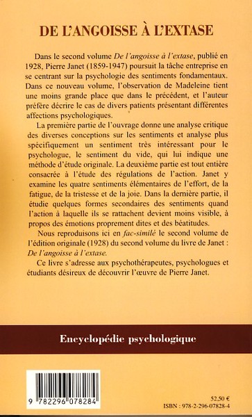 De l'angoisse à l'extase, Etudes sur les croyances et les sentiments (1928) - Volume 2 (9782296078284-back-cover)