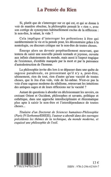 La pensée du rien, Petit traité de nontologie, nihilisme et sagesse (9782296023697-back-cover)