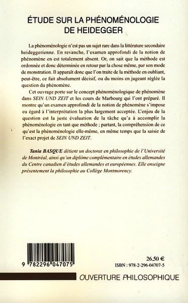 Etude sur la phénoménologie de Heidegger, L'être et le phénomène (9782296052635-back-cover)