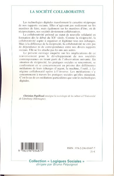 La Société Collaborative, Technologie digitale et lien social (9782296034877-back-cover)