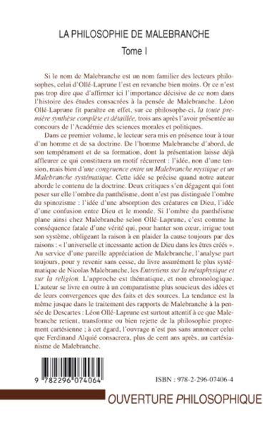 La philosophie de Malebranche Tome I (9782296074064-back-cover)