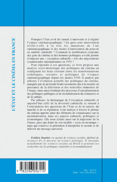 Etat et le cinéma en France, Le moment de l'exception culturelle (9782296056114-back-cover)