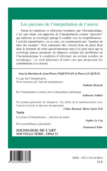 Sociologie de l'Art, Les parcours de l'interprétation de l'oeuvre (9782296063884-back-cover)