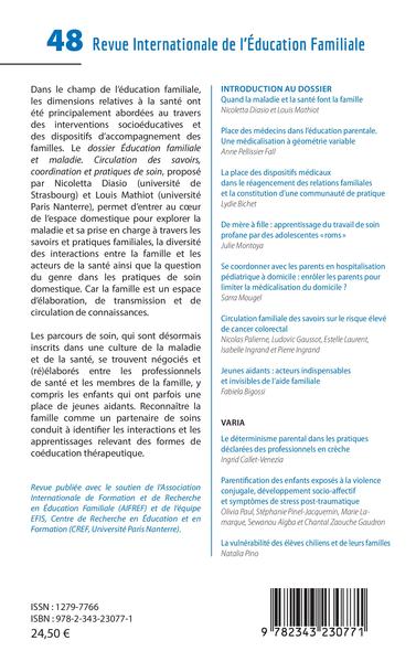 Revue internationale de l'éducation familiale, Education familiale et maladie, Circulation des savoirs, coordination et pratique (9782343230771-back-cover)