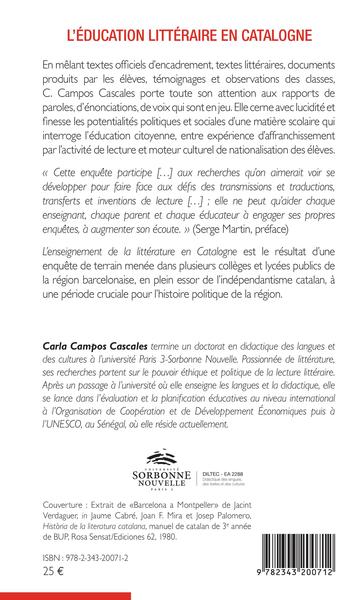 L'éducation littéraire en Catalogne, Enquête dans cinq collèges et lycées publics (9782343200712-back-cover)