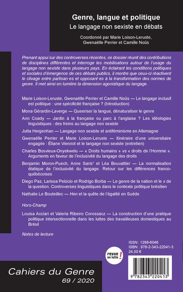 Cahiers du Genre, Genre, langue et politique, Le langage non sexiste en débats (9782343220413-back-cover)