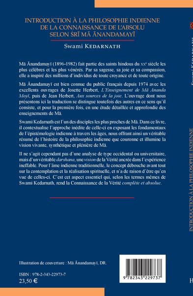 Introduction à la philosophie indienne de la connaissance de l'absolu selon Sri Ma Anandamayi (9782343229737-back-cover)