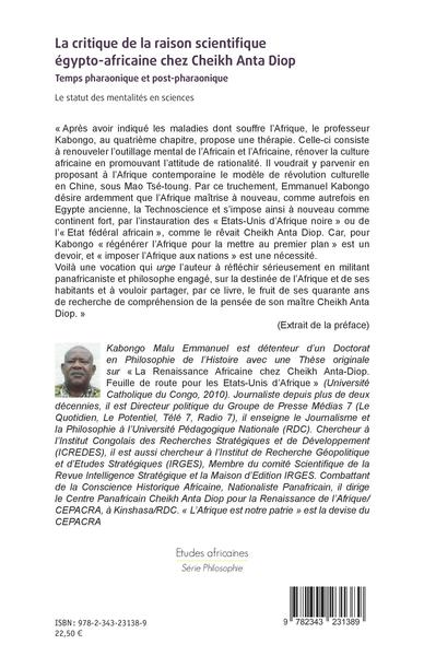 La critique de la raison scientifique égypto-africaine chez Cheikh Anta Diop, Temps pharaonique et post-pharaonique - Le statut  (9782343231389-back-cover)