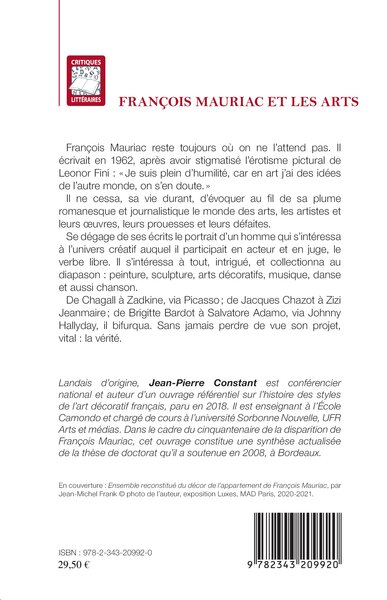 François Mauriac et les arts, Entre clair-obscur et clairvoyance (9782343209920-back-cover)