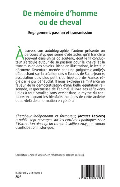 De mémoire d'homme ou de cheval, Engagement, passion et transmission (9782343230955-back-cover)