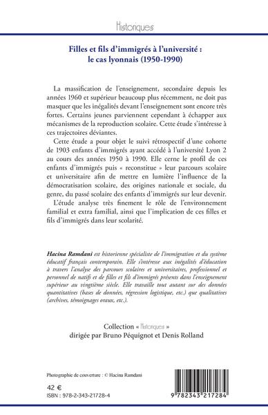 Filles et fils d'immigrés à l'université : le cas lyonnais (1950-1990) (9782343217284-back-cover)